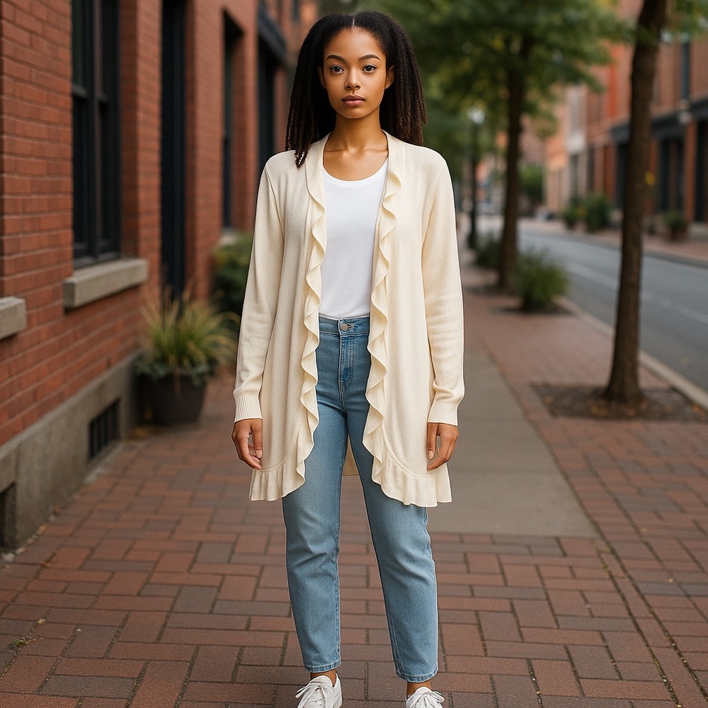 Only Mine Merino Wool Ruffled Cream‎ Long Sweater Cardigan